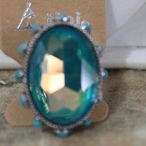 Western Jewelry:  Large 1 1/2" Glass Rhinestone Aqua Ring Cuff, Will fit anyoine